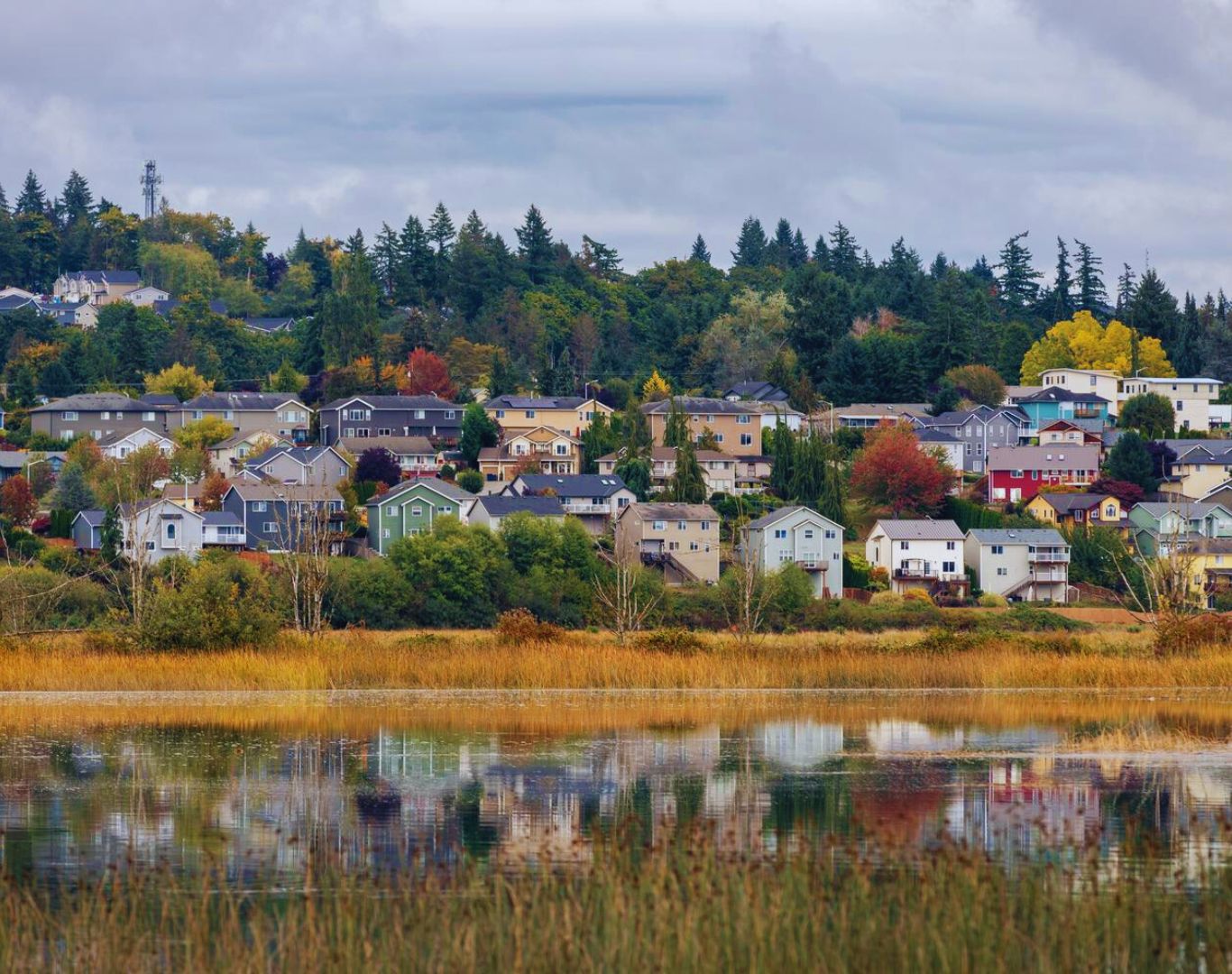 Autumn foliage and colorful houses along the ridge, Marysville WA, Marysville, WA