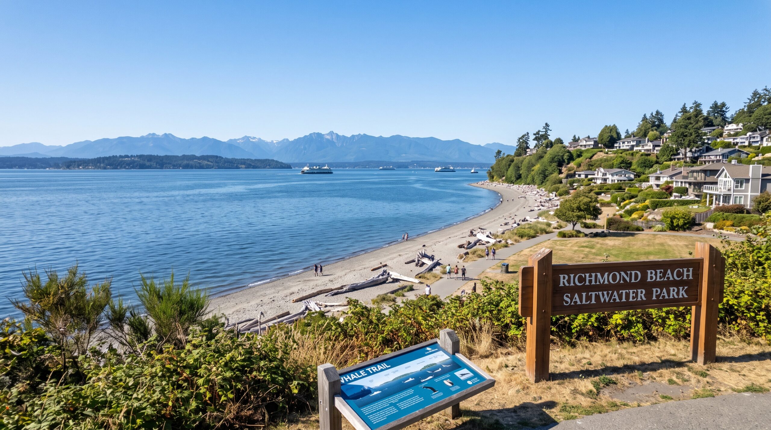 A sunny, wide-angle view of Richmond Beach Saltwater Park in Shoreline, Washington, showing a wooden park entrance sign and a Whale Trail educational board in the foreground
