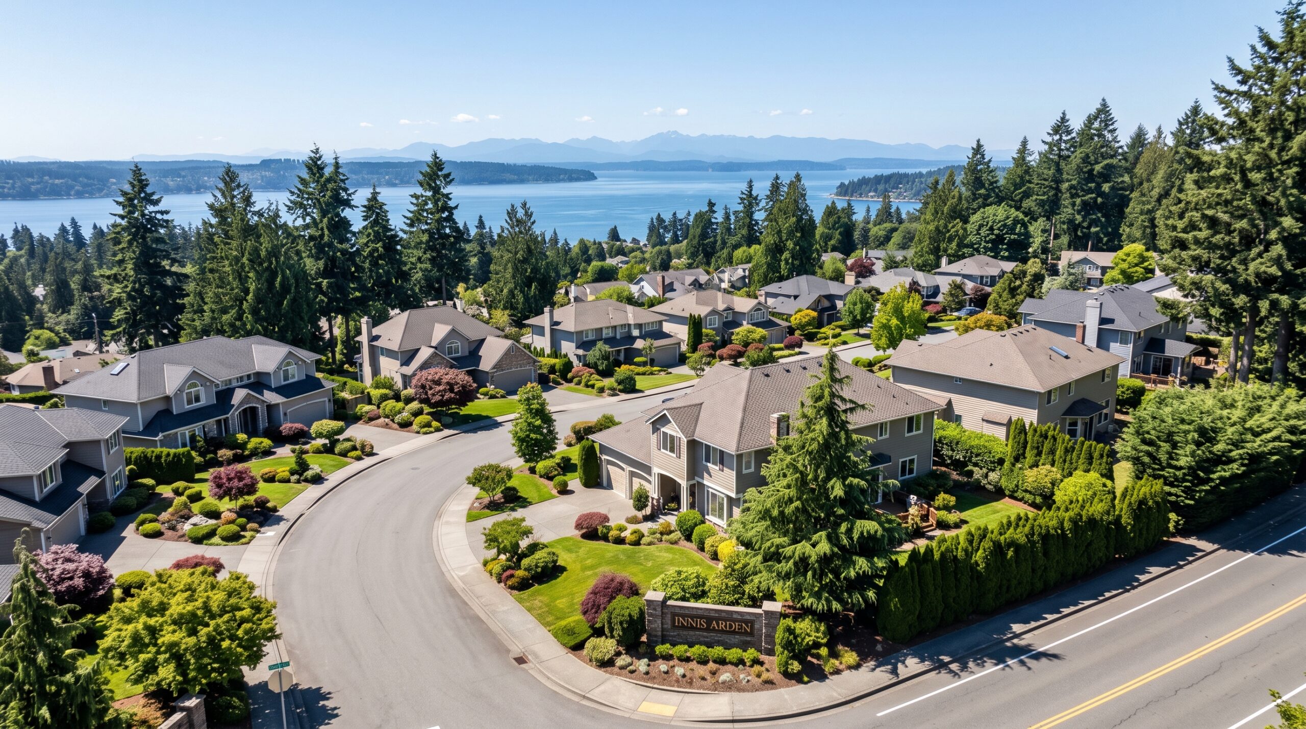 An aerial photograph capturing a peaceful residential neighborhood of Shoreline, Washington, on a sunny day