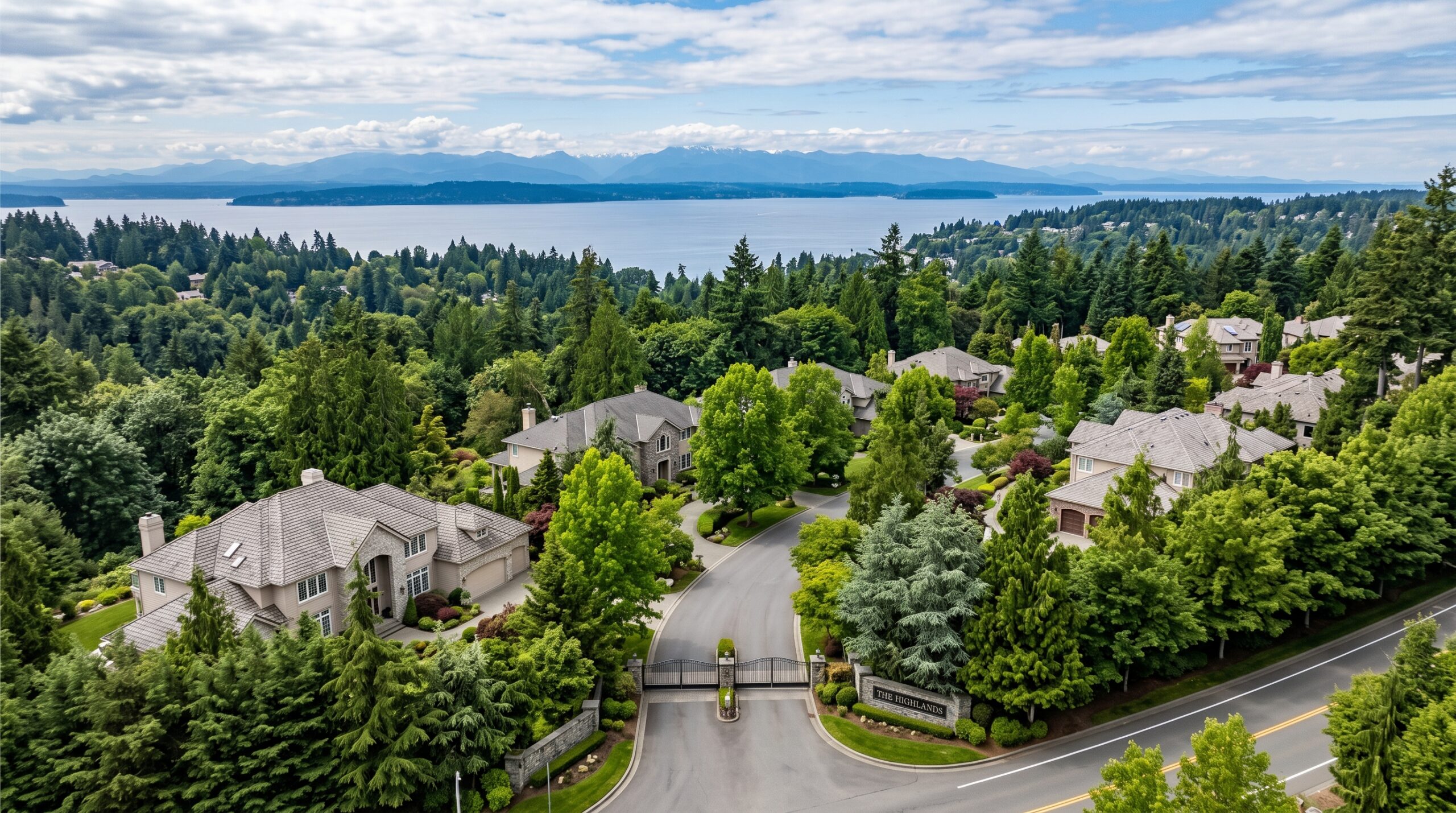 An aerial view of The Highlands neighborhood in Shoreline, Washington, featuring luxury homes nestled among dense evergreen forests overlooking the Puget Sound and the Olympic Mountains
